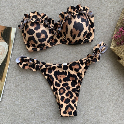 Animal Print Leopard Bikini Push Up Swimsuit Sexy Women Bikini Set Brazilian Thong Bathing Suit Bandeau Beach Wear Swimwear