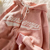 lovwvol New Polar Fleece Hoodies Women Casual Embroidery Clothes for Teens Sweatshirts Vintage Pink Tops Retro Winter Women Hoodie
