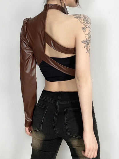 lovwvol   Gothic Jacket Harajuku Faux Leather PU T Shirt Halter One Shoulder Crop Top Autumn Fashion Tee Shirt Femme Streetwear