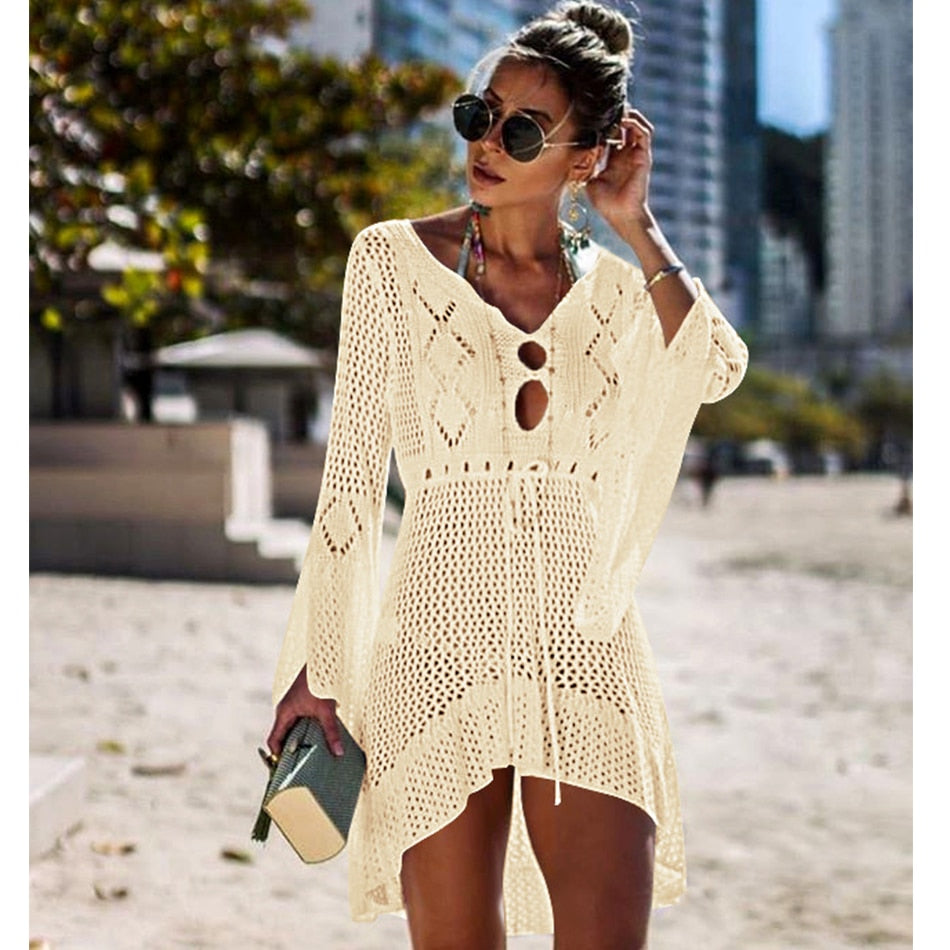 lovwvol New Knitted Beach Cover Up Women Bikini Swimsuit Cover Up Hollow Out Beach Dress Tassel Tunics Bathing Suits Cover-Ups Beachwear