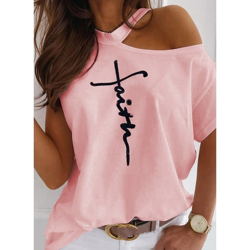 Large size Top Sexy Off Shoulder summer Tshirt Women Print Casual Summer Short Sleeve O-neck Pullovers Tops Fashion Street Tee