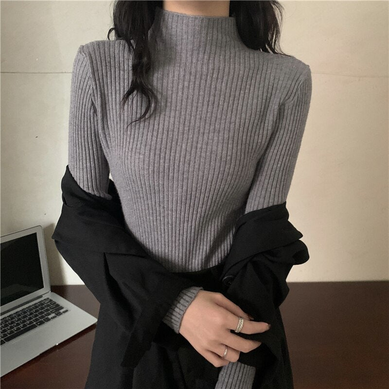 lovwvol lovwvol White Half High Neck Sweater Women's Autumn Winter Long Sleeved Top Foreign Style Bottomed Sweater Rac