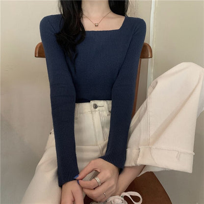 lovwvol lovwvol Early Autumn Blouse Women's Style Square Neck Long Sleeve Sweater Slim Fit with Bottomed Sweater Korean Foreign Temperament Rac