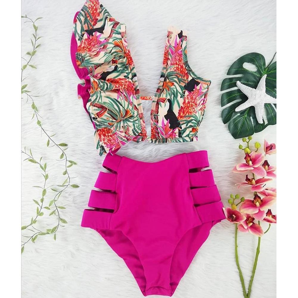 New Bikini Floral Ruffled Bikini Set Women V-neck High Waist Two Piece Swimsuit Girl Beach Bathing Suit Swimwear Biquinis