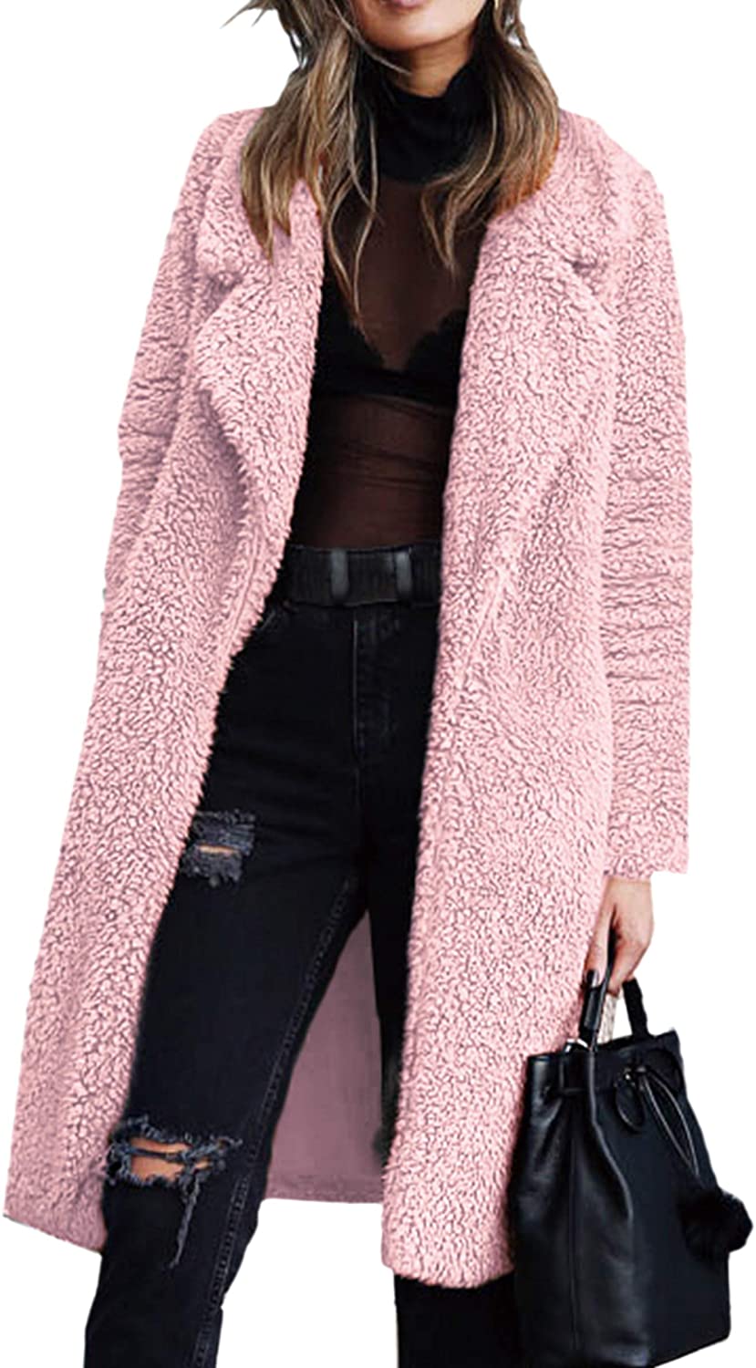 lovwvol Women's Fuzzy Fleece Lapel Open Front Long Cardigan Coat Faux Fur Warm Winter Outwear Jackets Jacket Women  Plus Size Fur Coat