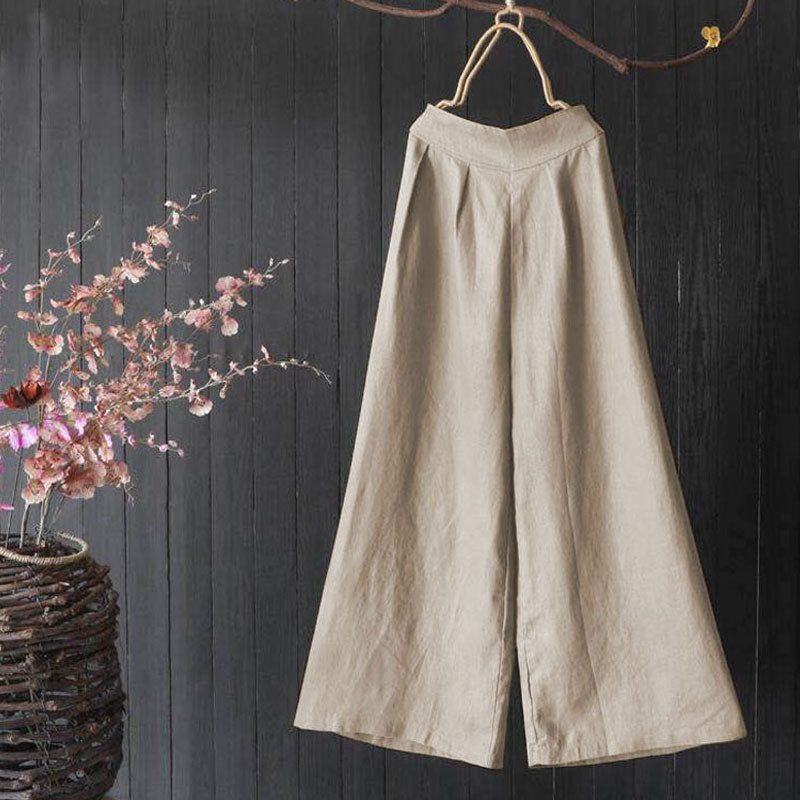 Cotton Linen Nine Capris Pants Women Elastic Waist Wide Leg Pants Casual Vintage Linen Straight Wide Leg Trousers