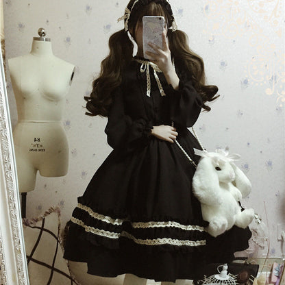 Alice In Wondeland Cute Women Lolita OP Dress Flouncing Lace Trim Japanese Harajuku Long Sleeves Doll Teen Dress Fairy Vestidos