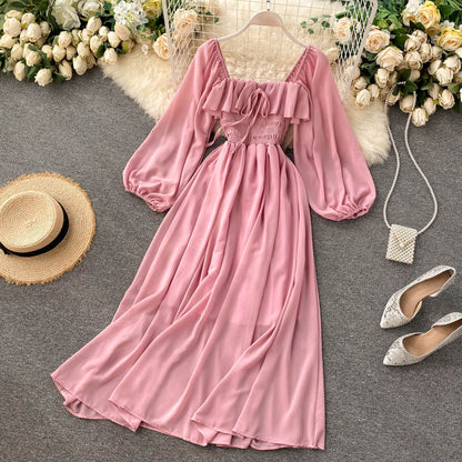 Chic Elegant Square Collar Maxi Dress Women Solid Chiffon Puff Sleeve Dresses Korean Fashion Vintage Ruffle Vestidos