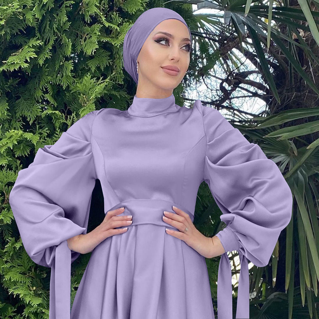 lovwvol Factory Ramadan Eid Djellaba Muslim Dress Dubai Soft Grosgrain Silky Abaya Dubai Turkey Muslim Dress Islam Robe With Belt WY715