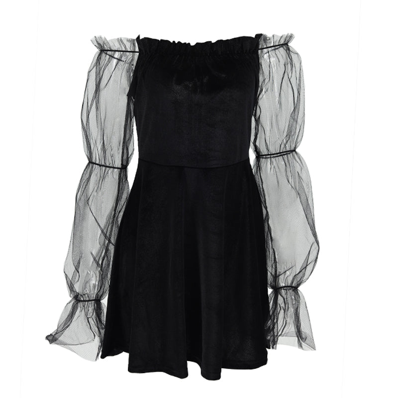 lovwvol Gothic Sexy Dress Vintage Off Shoulder Lantern Sleeve Mesh Patchwork Mini Dress Dark Street Black Dress Female