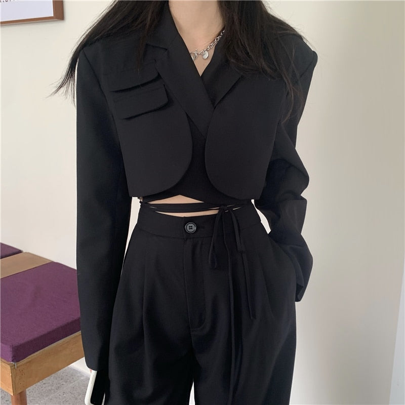 Korean Summer Two Piece Set Women Crop Top Sexy Lace-up Blazer Coat + High Waist Pants Suit Sets Autumn Streetwear 2 Piece Sets