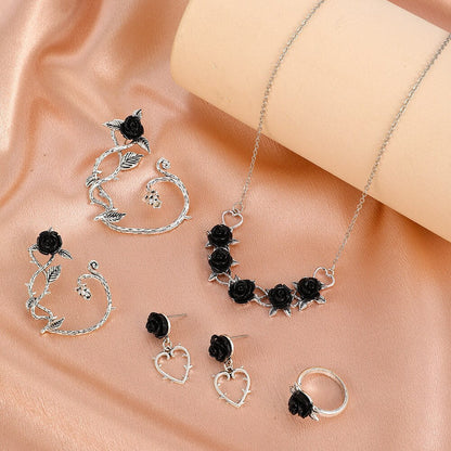 New Vintage Silver Black Rose Earrings Ring Necklace Retro Ear Pendant Popular Engagement for Women Earring Accessories