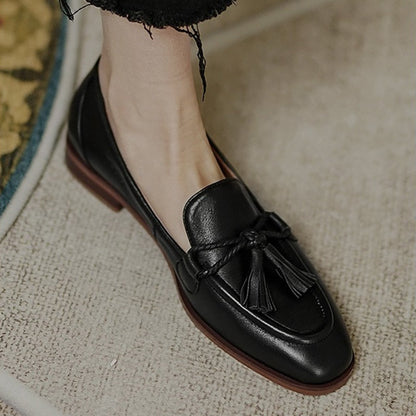 lovwvol Retro Tassel bow-knot small leather shoes women  loafers square toe low heels oxfords woman ins genuine leather fringe flats