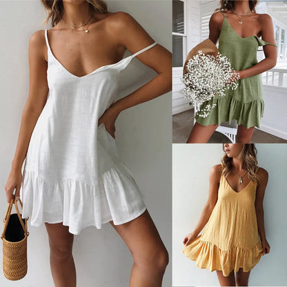 Sexy Spaghetti Strap Ruffle Dress Women Summer Dress  Cotton Linen Vestidos Green Dresses Off Shoulder Sexy Mini Sundress