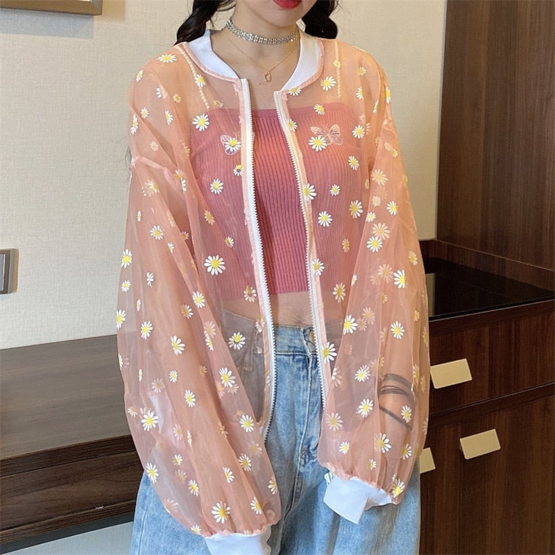 New Korean Style Loose Flower Printed Thin Jacket Sunscreen Women Long Sleeve Casual Sunscreen Jacket Veste Femme