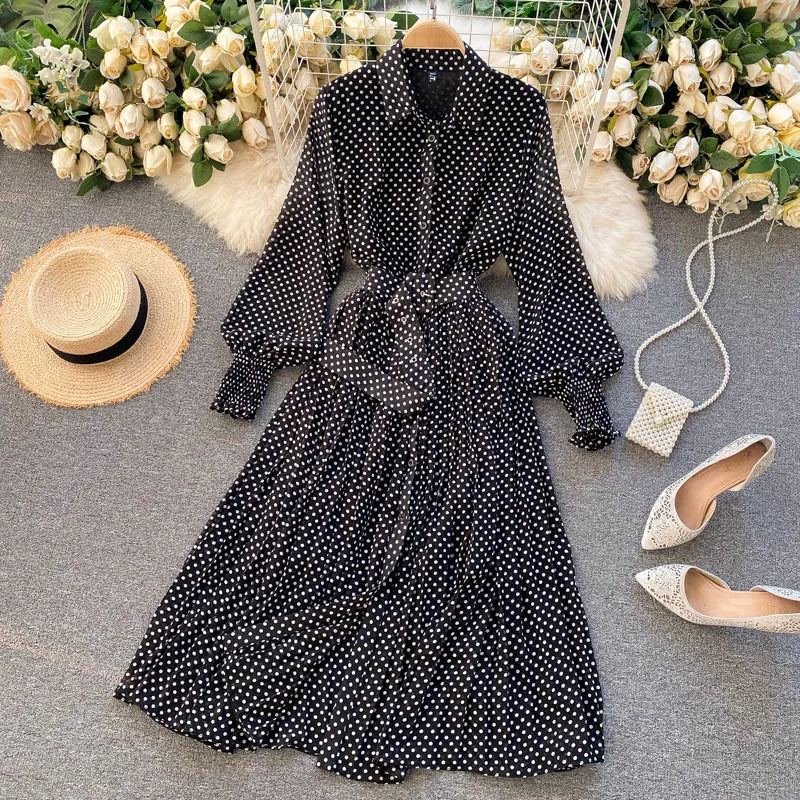 lovwvol Spring Autumn Women Vintage Maxi Party Dress Long Sleeve Orange Polka Dot Pleated Evening Black Vestidos Femme Fashion Robe New