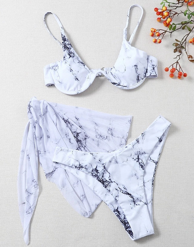 New Sexy Marble Print Push Up bikini Women Swimsuit Female Swimwear 3-piece Bikini set V-Bar Wired Short Skirt Bathing suit Swim