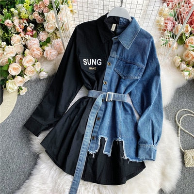 Women's Blouse Autumn Long Sleeve Shirt Tops Jeans Patchwork Plaid Blouses Elegantes Blusas para mujer Slim Shirt Dress