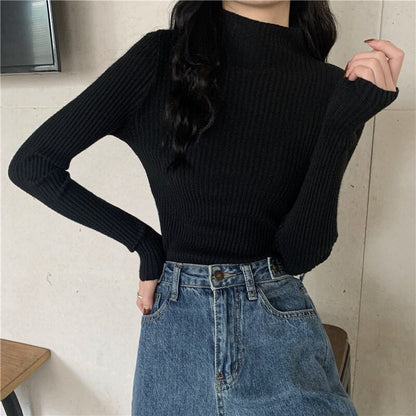 lovwvol lovwvol White Half High Neck Sweater Women's Autumn Winter Long Sleeved Top Foreign Style Bottomed Sweater Rac