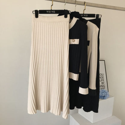 lovwvol High Quality  Spring Fall Knit 2 Piece Set Women Office Lady Single Breasted Sweater Cardigan + Pleated Long Skirt Suit Sets