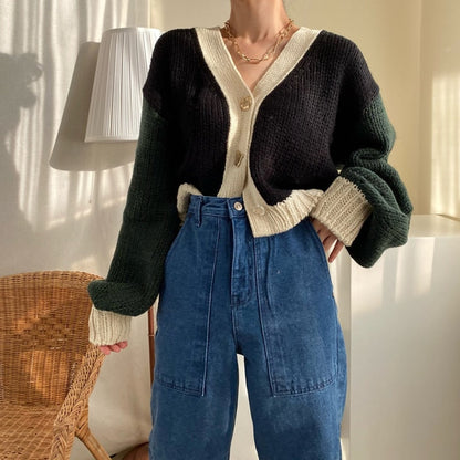 lovwvol lovwvol Spring Autumn Cropped Cardigan Sweater Knitted Women Patchwork Woman Cardigans Casual Kardigan Sweaters Ladies Cardigan 2023