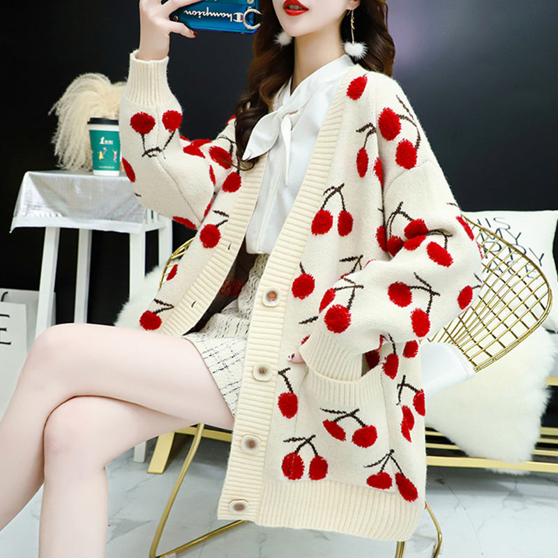 lovwvol Fruit Printting Knitted Women Sweater Cardigans Single Breasted Long Sleeve Cardigans Korean Style Loose Sweater Tops