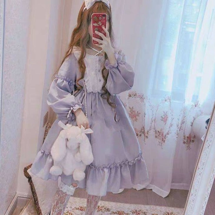 Alice In Wondeland Cute Women Lolita OP Dress Flouncing Lace Trim Japanese Harajuku Long Sleeves Doll Teen Dress Fairy Vestidos