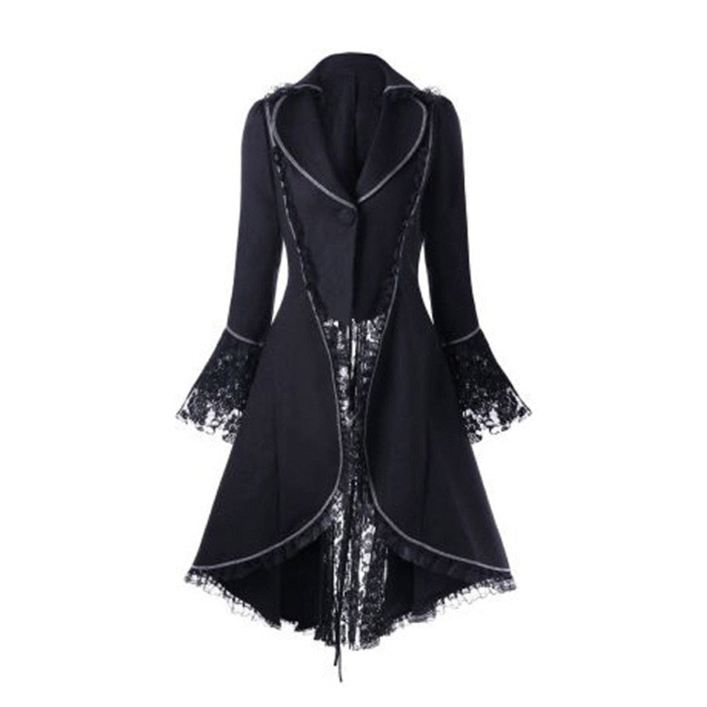 Women Gothic Overcoat Lace-Up Bandage Ribbon Bow lace up Winter Flocking Long Sleeve Halloween Black Vintage Gothic long Coat