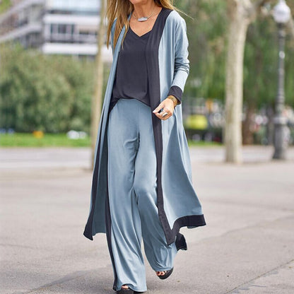 Solid Loose Spring Autumn Casual Three Piece Set Women's Office V-Neck Matching Suit Female Straight Pants Streetwear 3Pc Suit