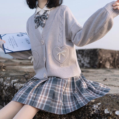 lovwvol Spring Japan Kawaii Fashion Pink Cardigan Women Vintage Crop Knitted Sweater Cute Bow Heart Korean JK School Coat