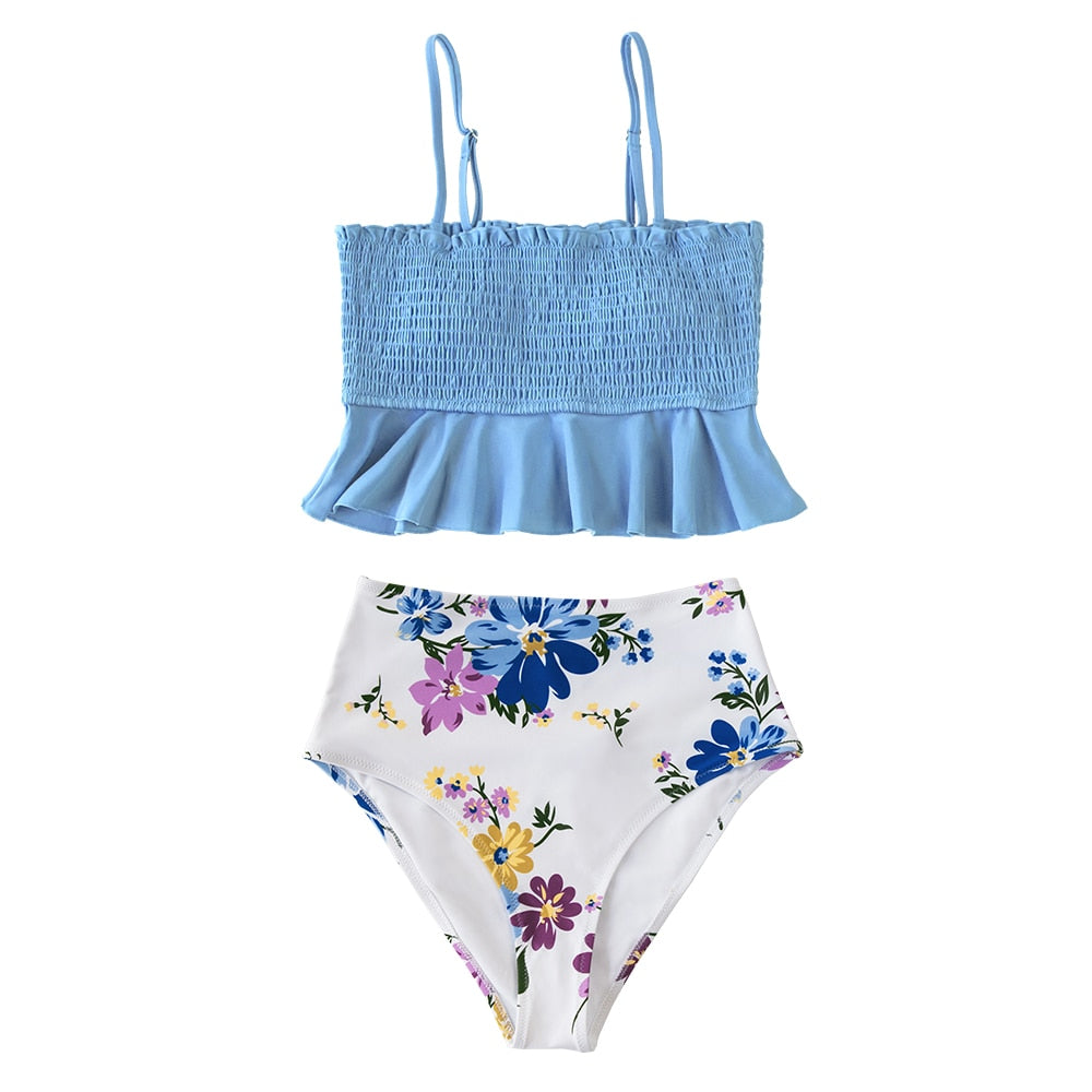 Smocked Blue Leaves Print Bikini Sets Women Ruffle High-waist Tankini Two Pieces Swimsuits Girl Boho Bathing Suits