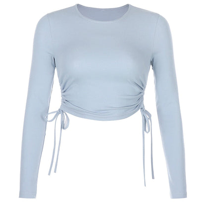 Casual Solid O-Neck Long Sleeve Crop Top Women Side Drawstring Ruched White T-Shirt Female Tee Shirt Top For Women Clothing