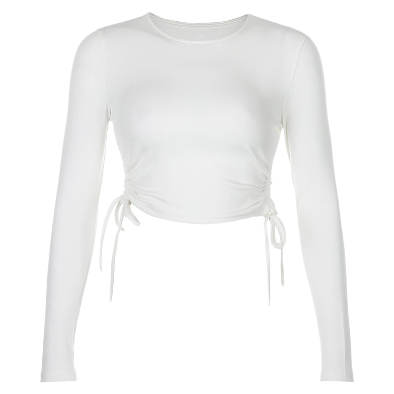 Casual Solid O-Neck Long Sleeve Crop Top Women Side Drawstring Ruched White T-Shirt Female Tee Shirt Top For Women Clothing