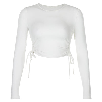 Casual Solid O-Neck Long Sleeve Crop Top Women Side Drawstring Ruched White T-Shirt Female Tee Shirt Top For Women Clothing