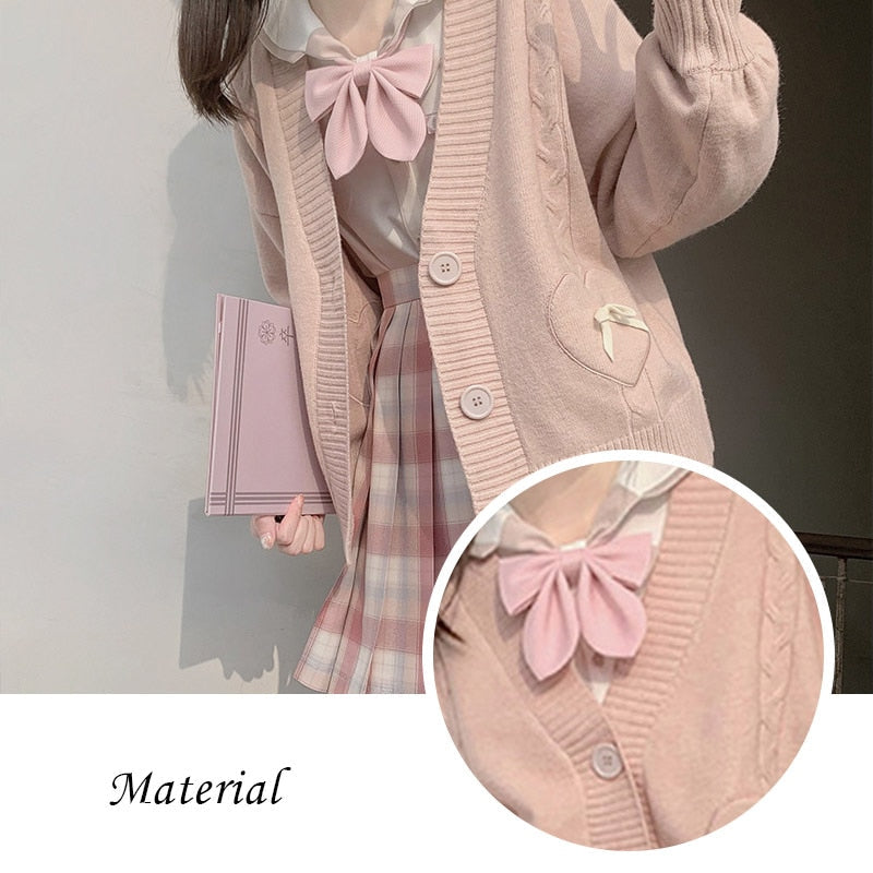 lovwvol Spring Japan Kawaii Fashion Pink Cardigan Women Vintage Crop Knitted Sweater Cute Bow Heart Korean JK School Coat