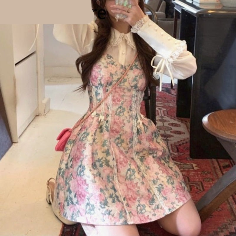 Vintage Floral 2 Piece Dress Set Women Casual Design Kawaii Lolita Dress Female Y2k Mini Dress Korean Fashion Suits Autumn