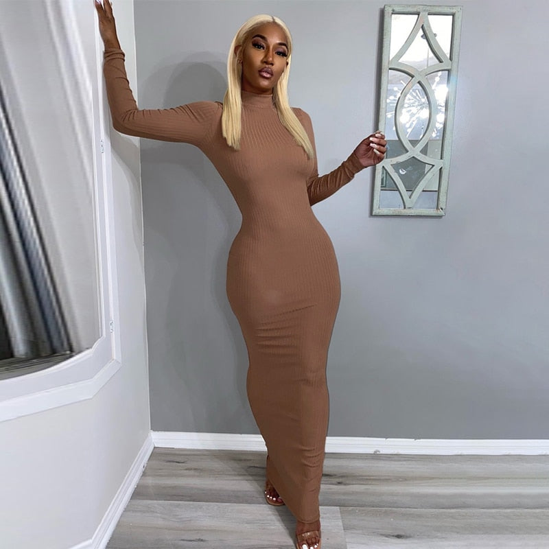 Long Sleeve Solid Backless Skinny  Ribbed Maxi Dress Autumn Winter Women Fashion Sexy Party Club Outfits