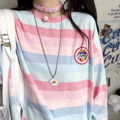 lovwvol harajuku Long Sleeve T Shirt girl Christmas Topspring autumn embroidery stripe Tops Tee Women full Sleeve T-shirt Casual Female