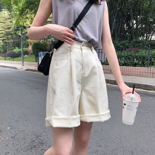 Flectit Bermuda Shorts Women High Waist Wide Leg Soft Denim Shorts Summer Student Girl Casual Outfits