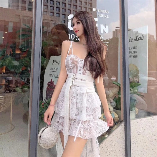 lovwvol New Women Summer Lace Dress Female Spaghetti Strap Irregular See Through Mini Dress Lady Club White Patchwork Runway Sexy Dress