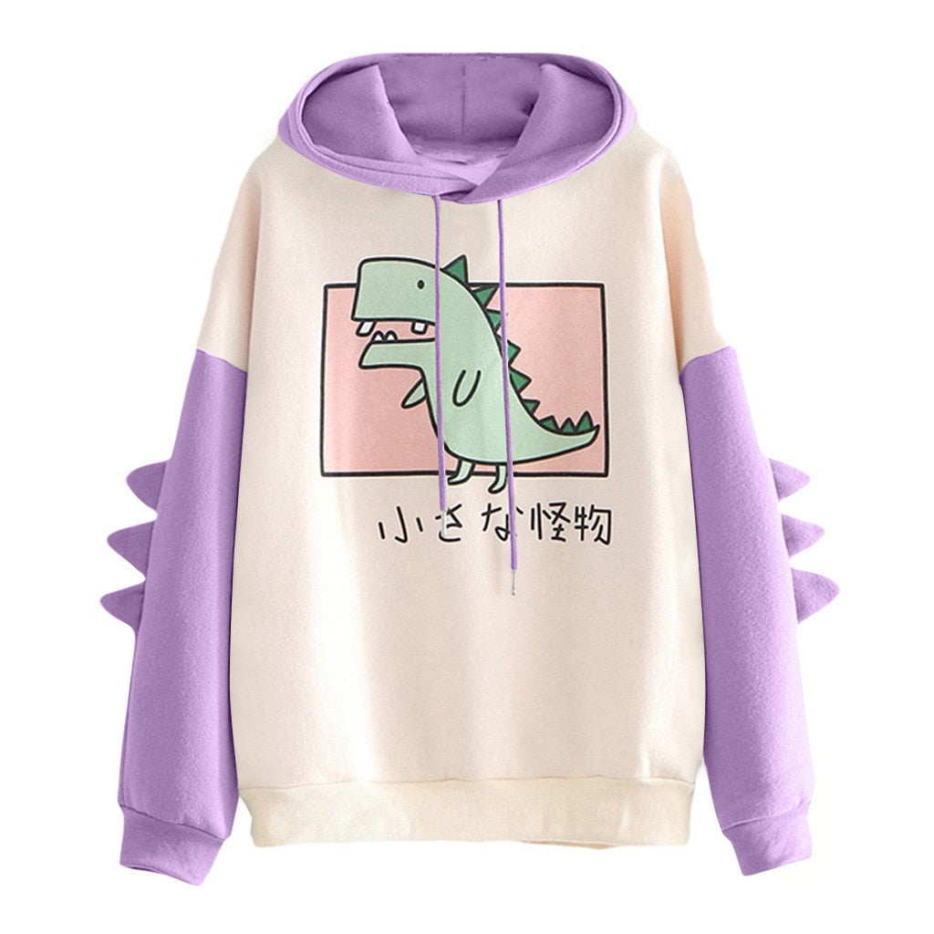 Winter dino hoodie Tops Dinosaur Oversized Cartoon Hoodie Women Fashion Sweatshirt Casual Print Korean Style Thicken Sweatshirt