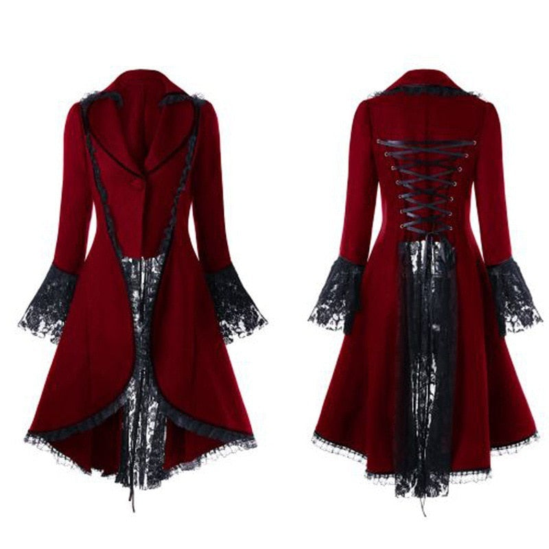 Women Gothic Overcoat Lace-Up Bandage Ribbon Bow lace up Winter Flocking Long Sleeve Halloween Black Vintage Gothic long Coat