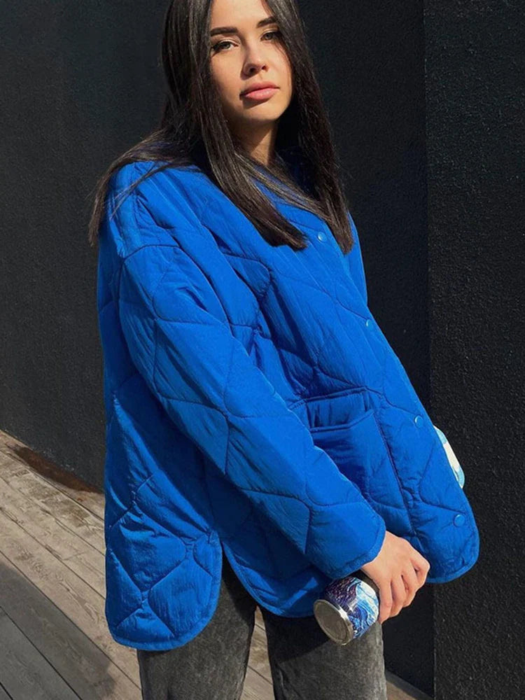 Winter Blue Oversize Puffer Jackets for Women Casual Fashion Warm Cotton Button Down Quilted Coat and Jacket Loose