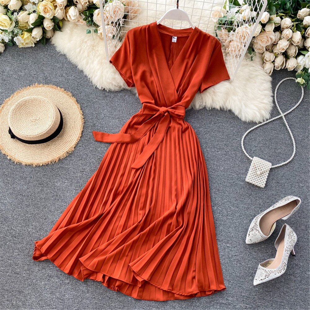 Autumn Fashion New Female Solid Pleated Dress Women V neck Short Sleeves Sashes Long Dresses Summer Streetwear Vintage