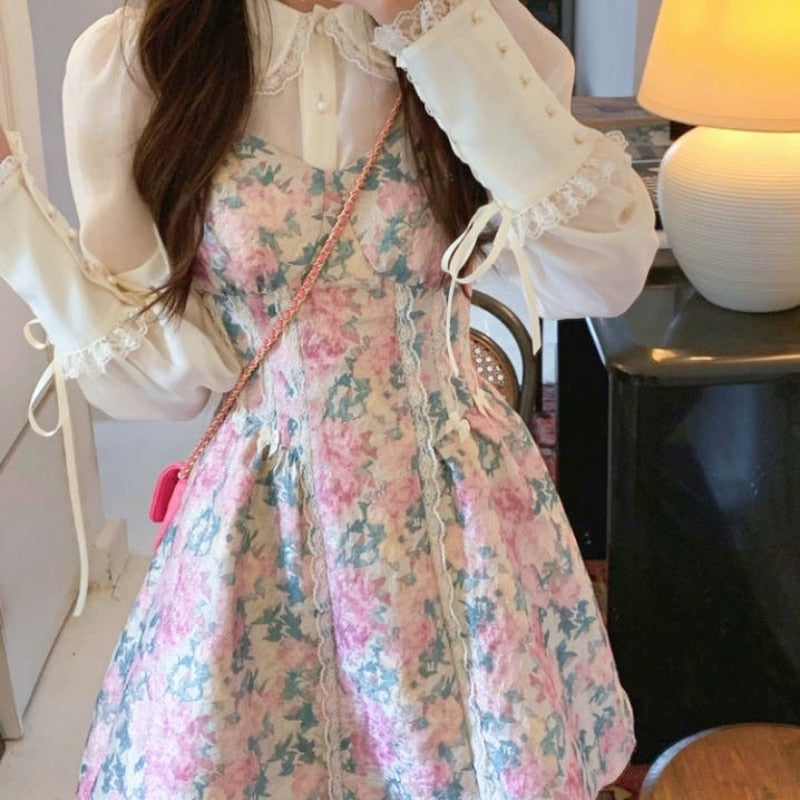 Vintage Floral 2 Piece Dress Set Women Casual Design Kawaii Lolita Dress Female Y2k Mini Dress Korean Fashion Suits Autumn