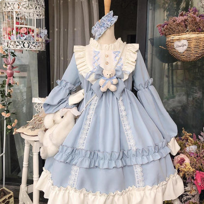 Alice In Wondeland Cute Women Lolita OP Dress Flouncing Lace Trim Japanese Harajuku Long Sleeves Doll Teen Dress Fairy Vestidos