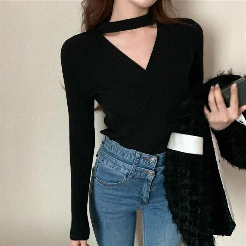 lovwvol lovwvol Fall/winter Slim Pullover Sexy Cross Hanging Neck V-neck Knitted Bottoming Shirt Long Sleeve Women Fashion Sweater 18078