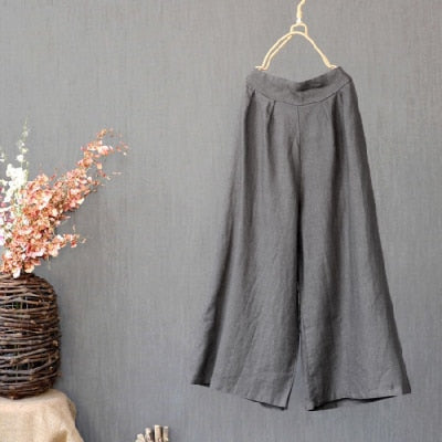 Cotton Linen Nine Capris Pants Women Elastic Waist Wide Leg Pants Casual Vintage Linen Straight Wide Leg Trousers