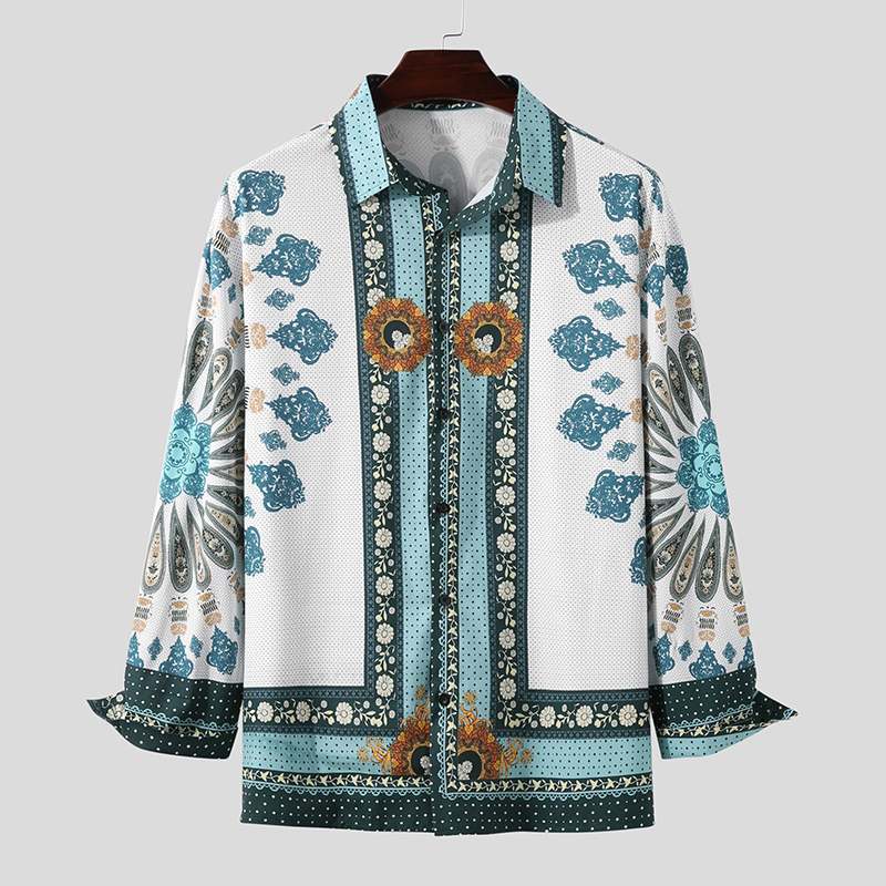 lovwvol Men Printing Shirt Long Sleeve Turn Down Collar Streetwear Ethnic Style Tops Button Casual Tideway Camisa Masculina