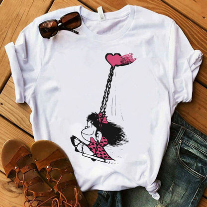 Mafalda T-shirt Women Summer Harajuku Casual Short Sleeve T-shirts Streetwear O-Neck White Tops Tee 90s Cartoon Tshirt Femme Top